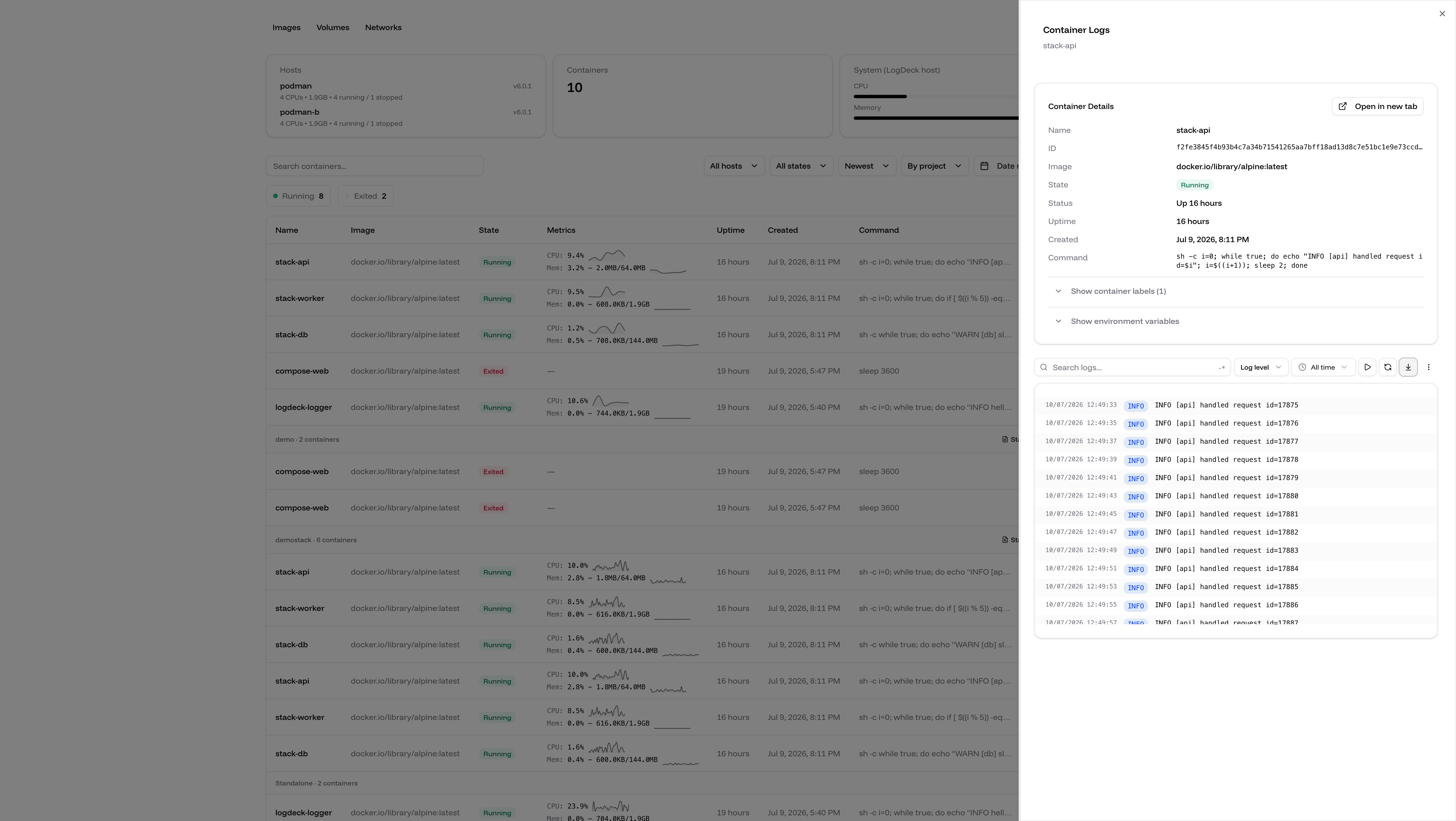 LogDeck log viewer with search, level filters, and streaming logs